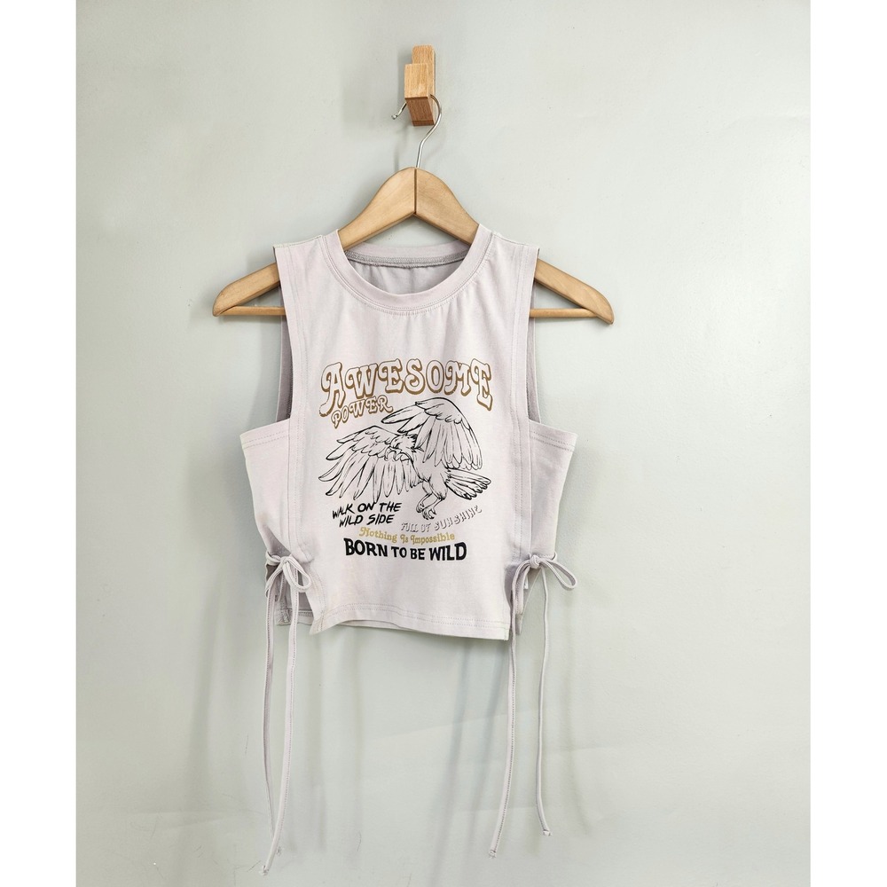 Dazy Graphic Muscle Tank Women Medium Gray Eagle Side Tie Crop Top Biker Rodeo